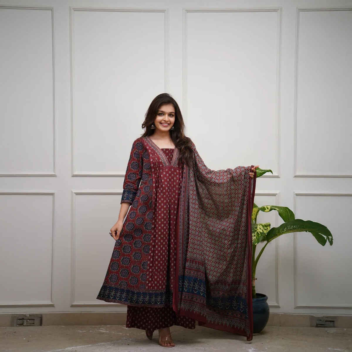 GoSriKi Women's Viscose Rayon Anarkali Printed Kurta with Pant & Dupatta | NAKULA | Wine - XL