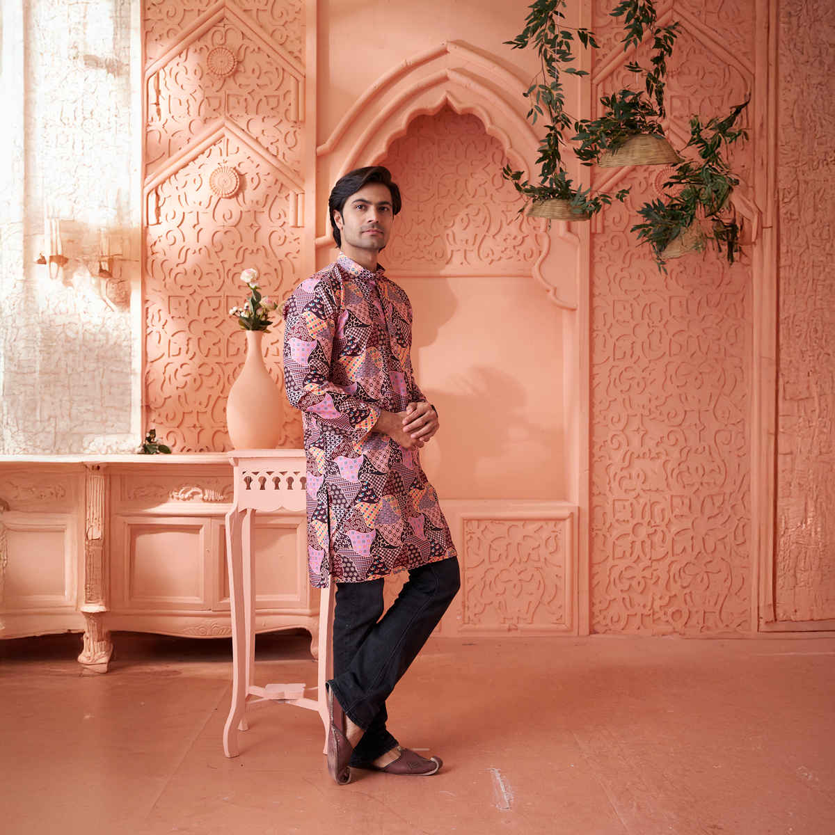 House Of Festivals Men's Printed Cotton Blend Long Kurta | Multicolor - XL