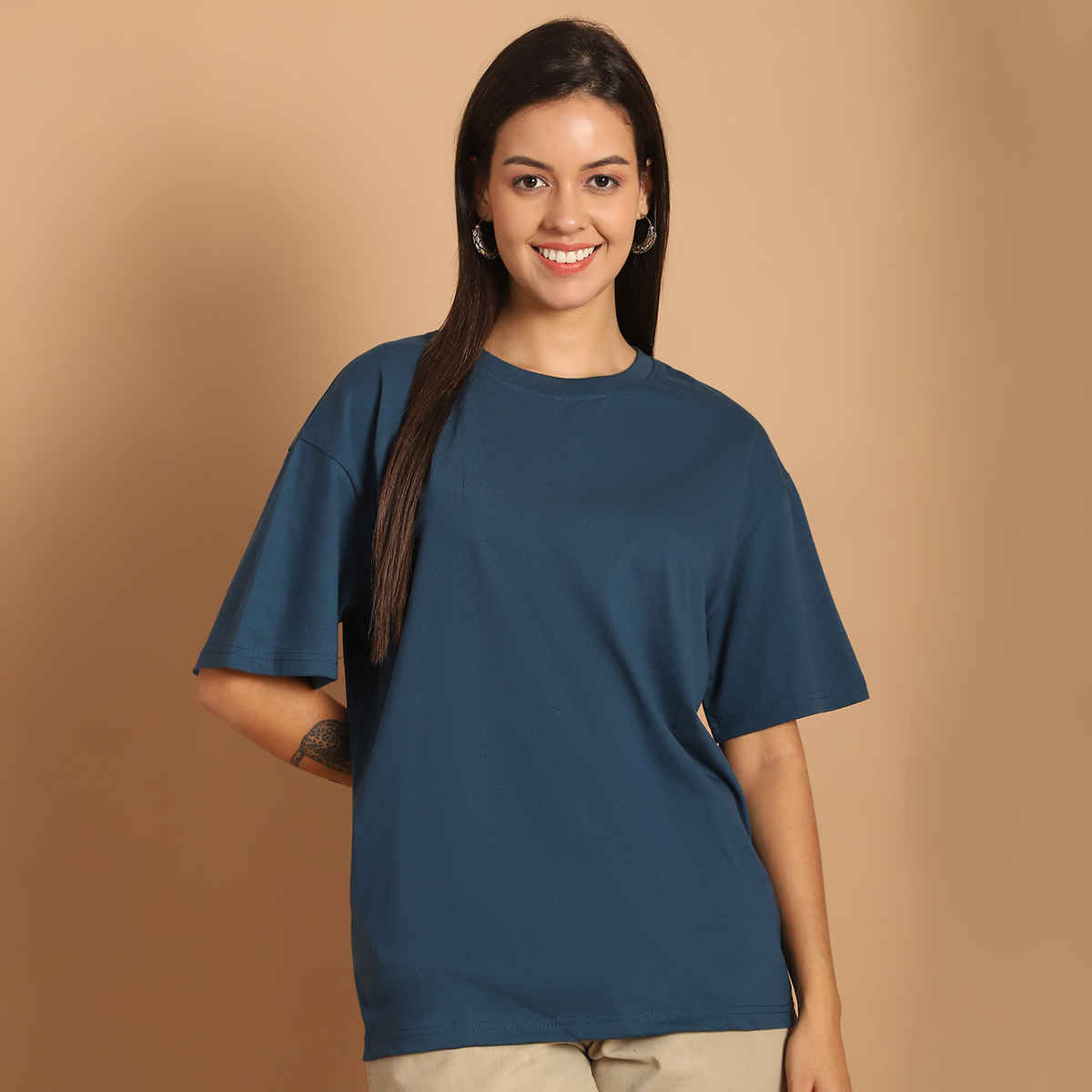 Fabflee Women Oversize Cotton Printed Round Neck Tshirt | Blue | FAB-OS-507 | XL