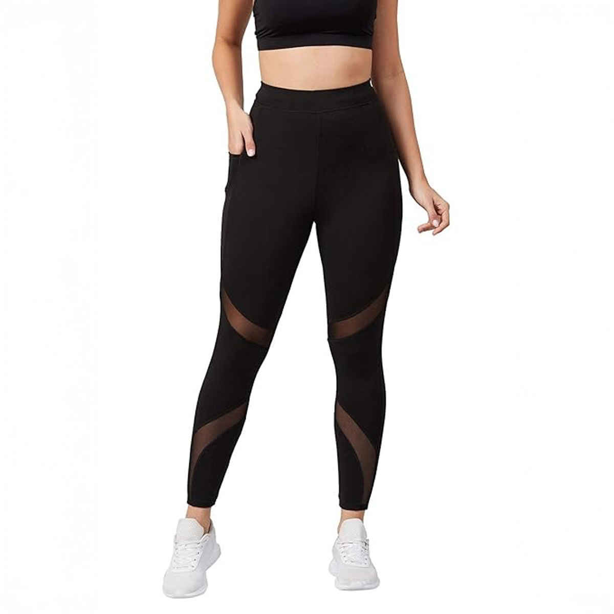 Blinkin Women's Gym Pants & Tights - Black | Workout | With Mesh Insert & Side Pockets | S
