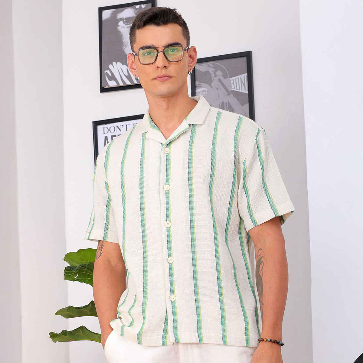 The Indian Garage Co Men's Relaxed Fit Striped Casual Shirt | Cream | L