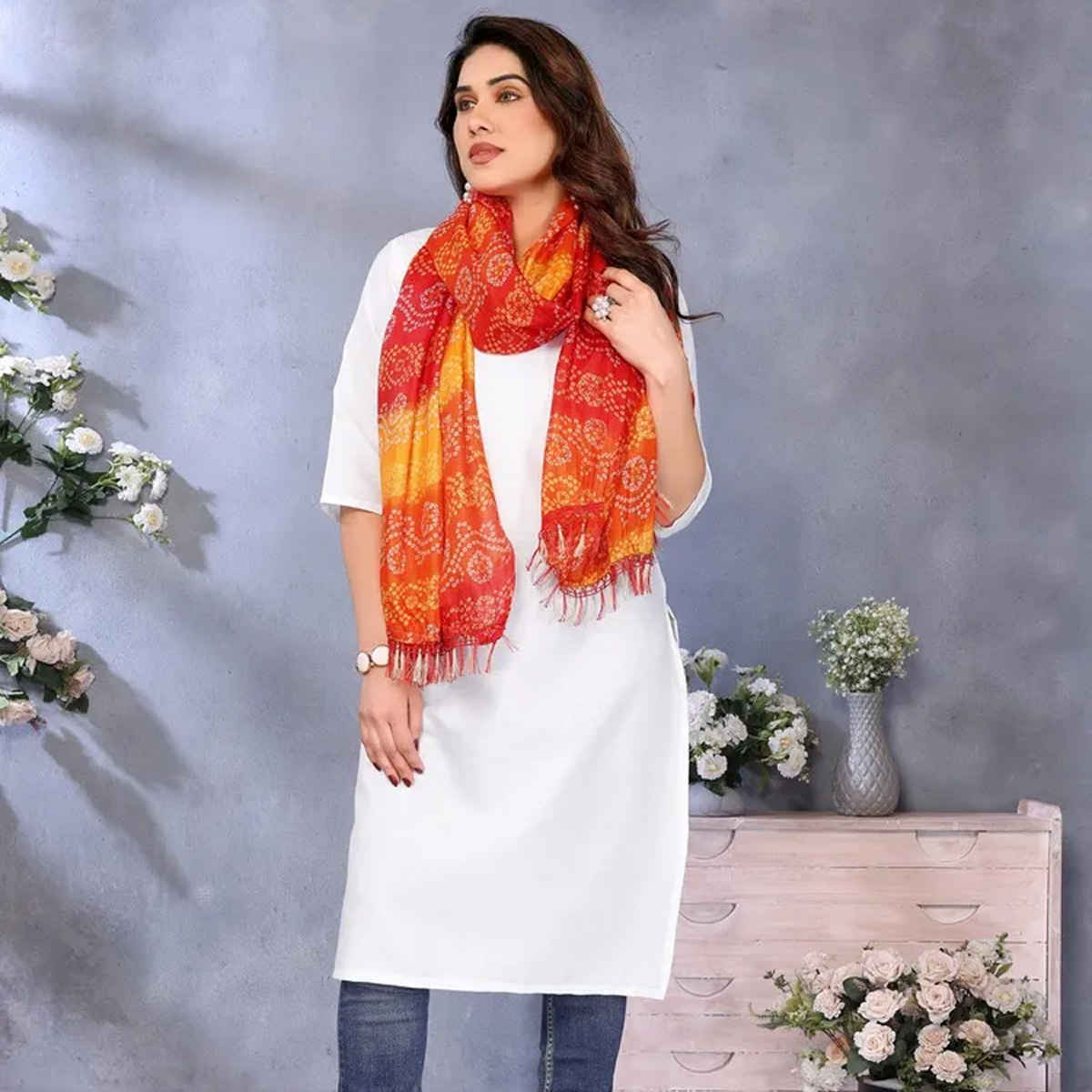 Riglozi White 3/4 Sleeves Cotton Made White Long Round Neck Regular wear Kurti for Women | L