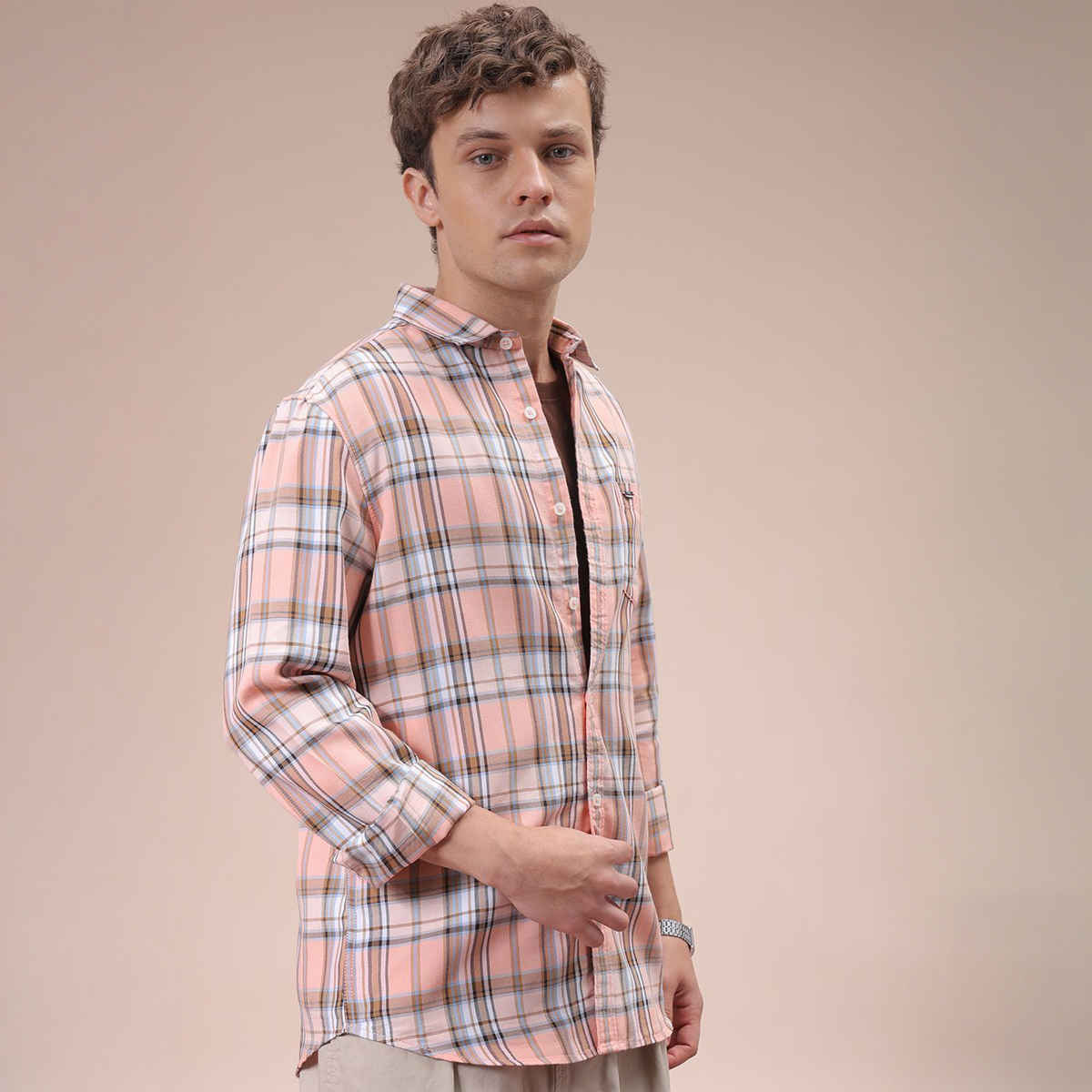 The Indian Garage Co Men's Slim Fit Checkered Casual Shirt | Pink - M