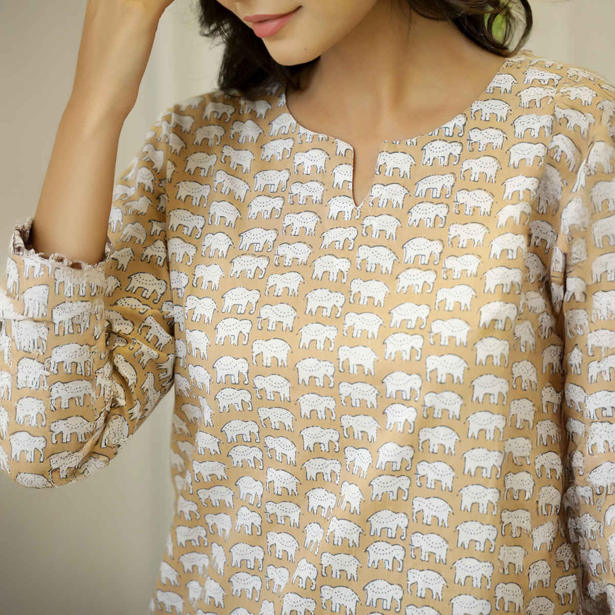 Sanskrutihomes Women's Printed Pure Cotton Night Suit | Beige - S