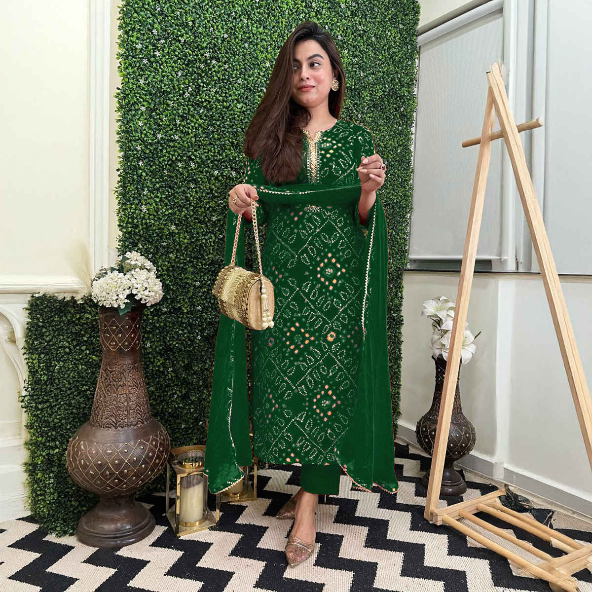 GoSriKi Women's Rayon Blend Straight Printed Kurta with Pant & Dupatta | TURAE | Green - XL