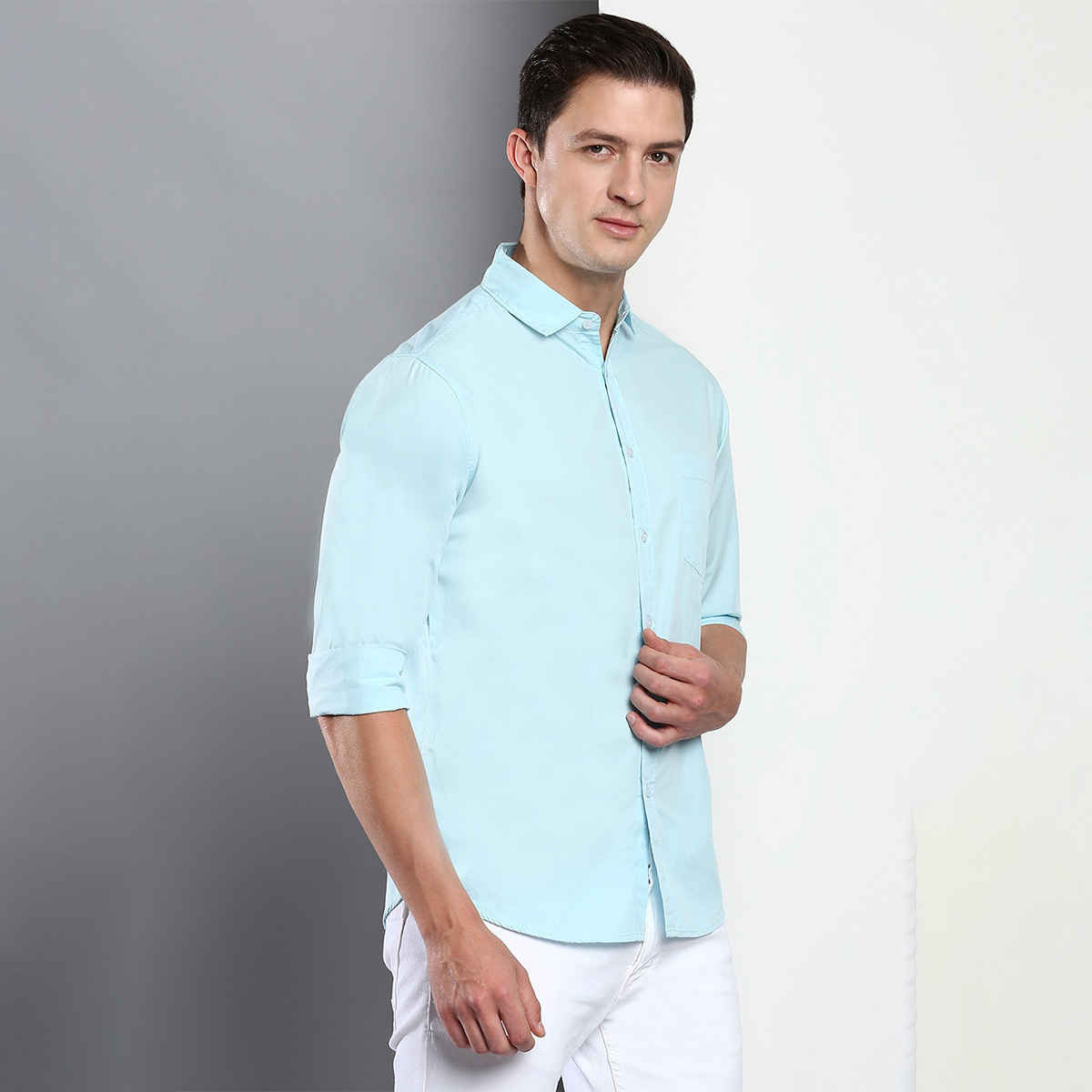 Dennis Lingo Men's Cotton Solid Slim Fit Casual Shirt | Turquoise Blue | L