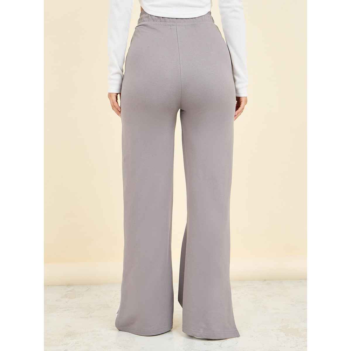 Styli Women's Slim Fit Joggers with French Terry Fabric and Hem Slit | Grey Melange - S