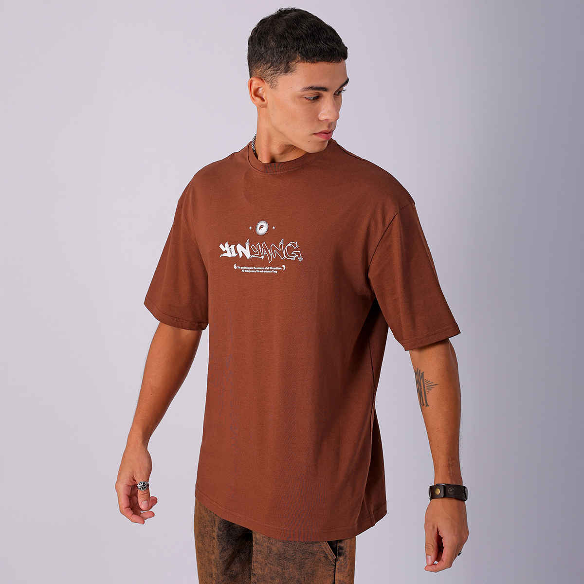 The Indian Garage Co Men's Placement Print Casual T-Shirt | Brown - S