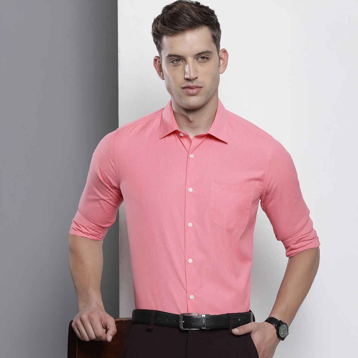 The Indian Garage Co Men's Slim Fit Solid Formal Shirt | Pink - L