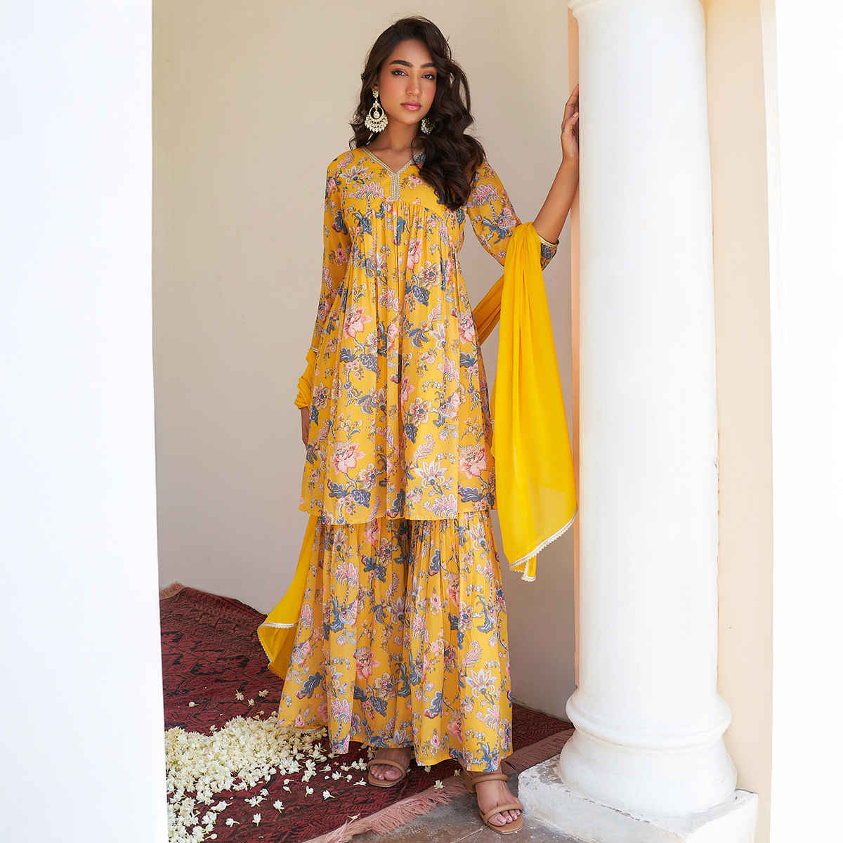 Janasya Women's Yellow Georgette Digital Floral Printed Kurta with Sharara and Dupatta | S