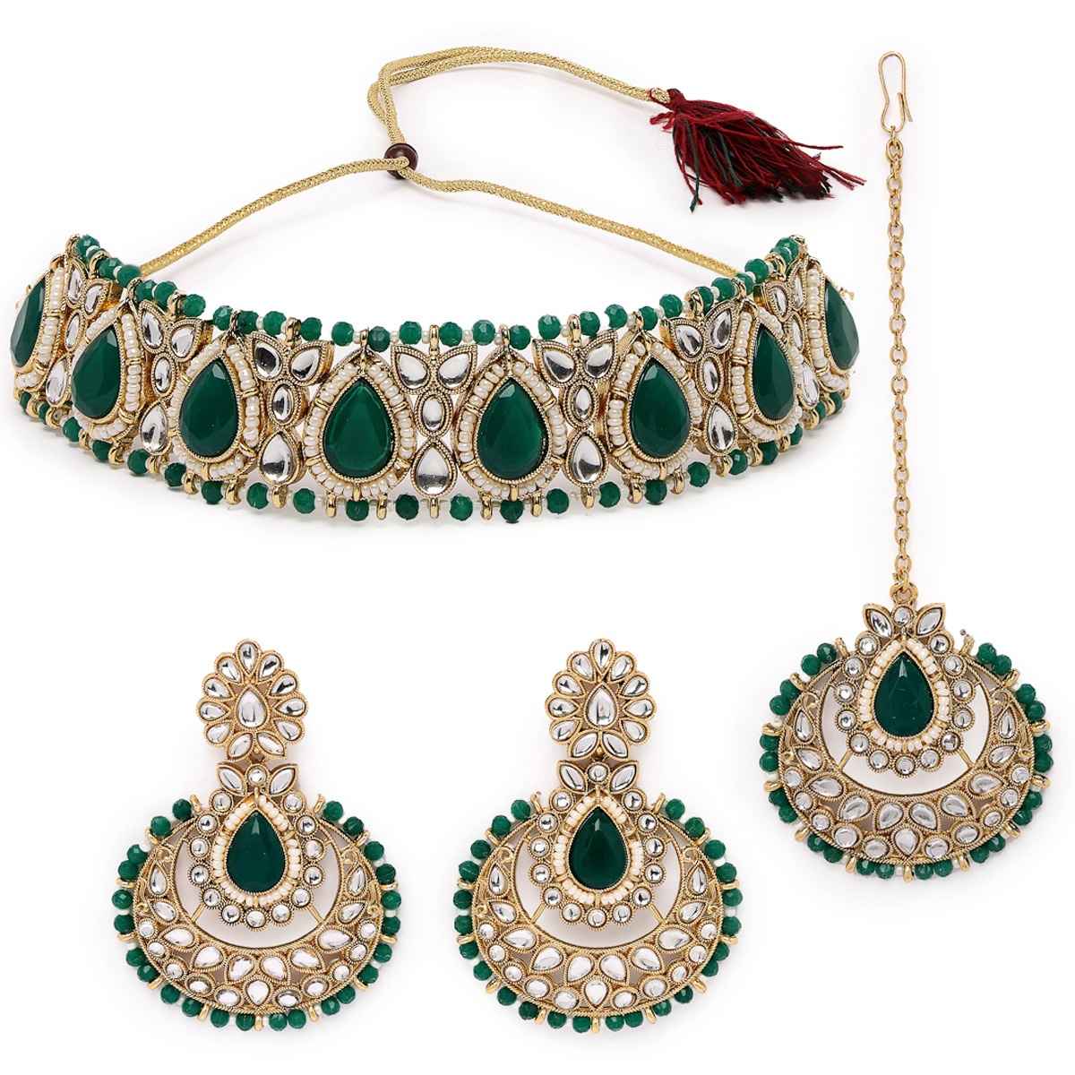 Sukkhi Refined Gold Plated Green Kundan & Beads Studded Choker Necklace Set