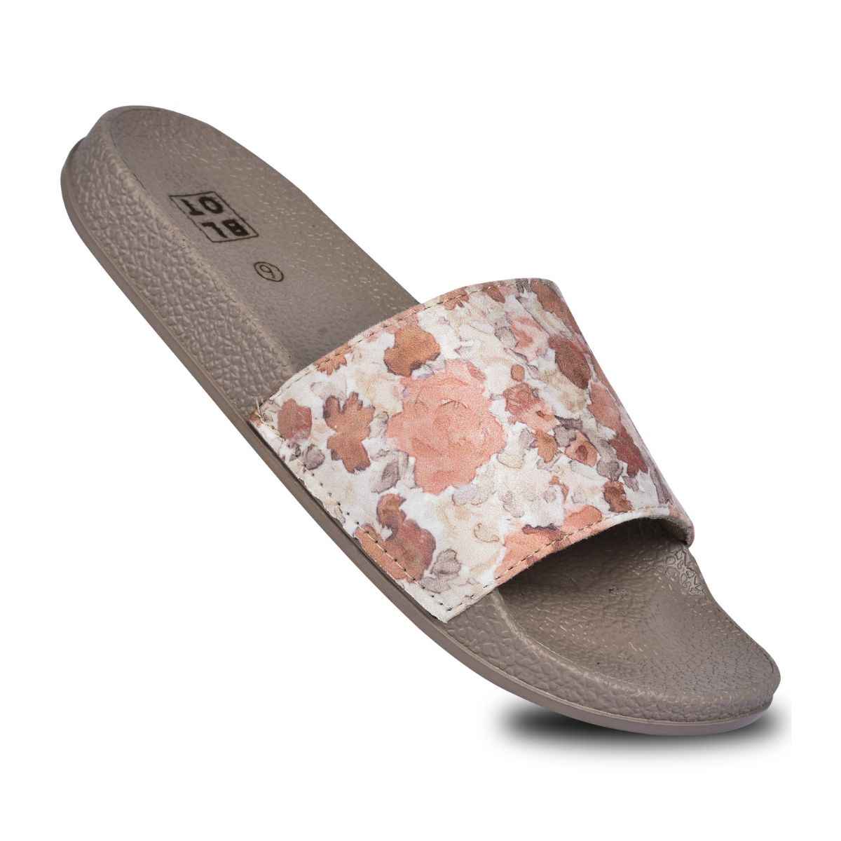 Paragon Cushion Comfort Tan Floral Slides For Women | Tan | UK 6