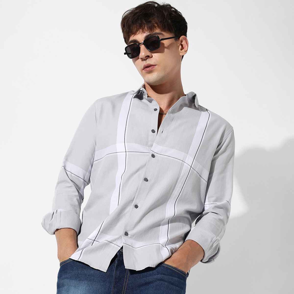 Campus Sutra Men's Tartan Plaid Shirt | Grey - S