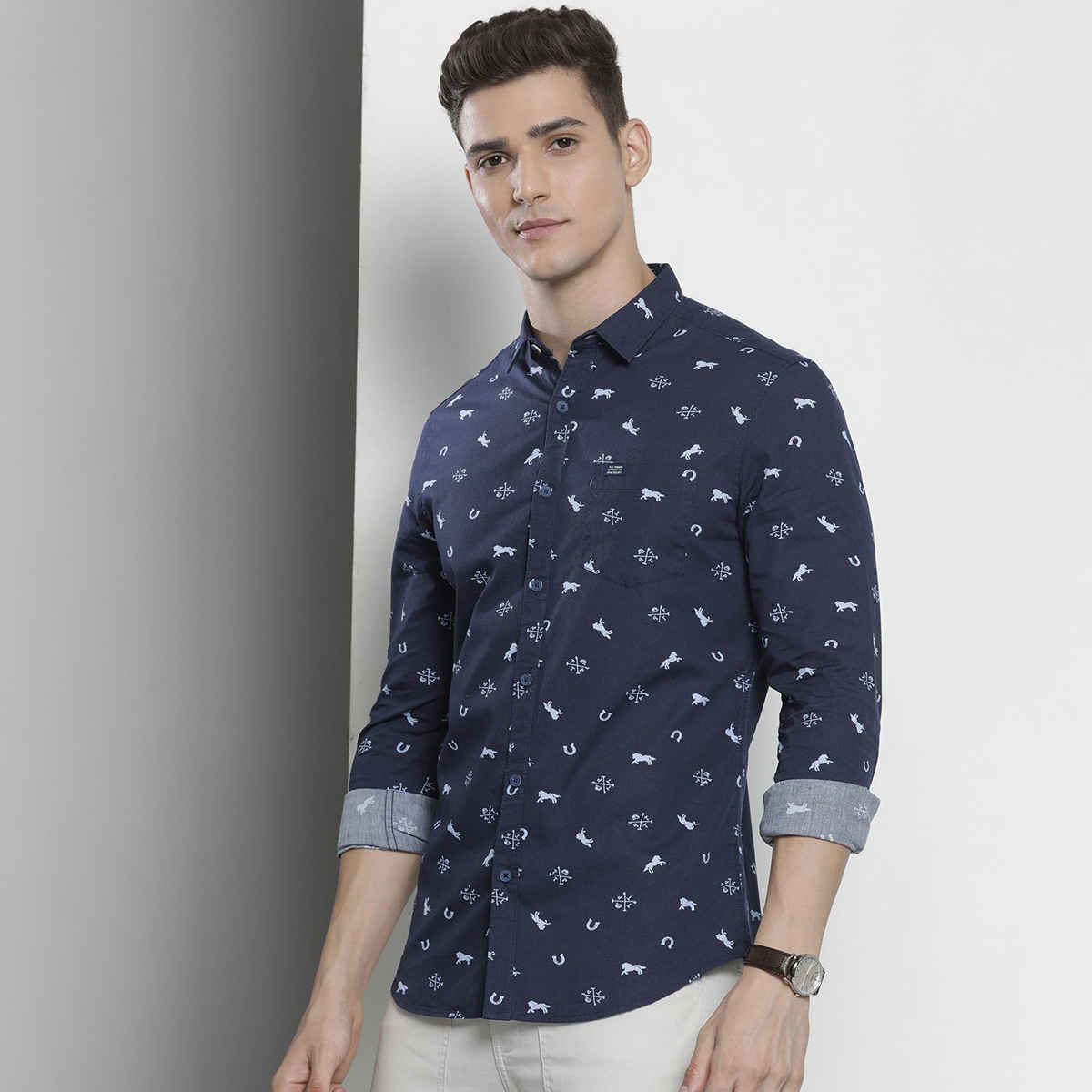 The Indian Garage Co Men's Regular Fit Animal Print Casual Shirt | Navy Blue - M