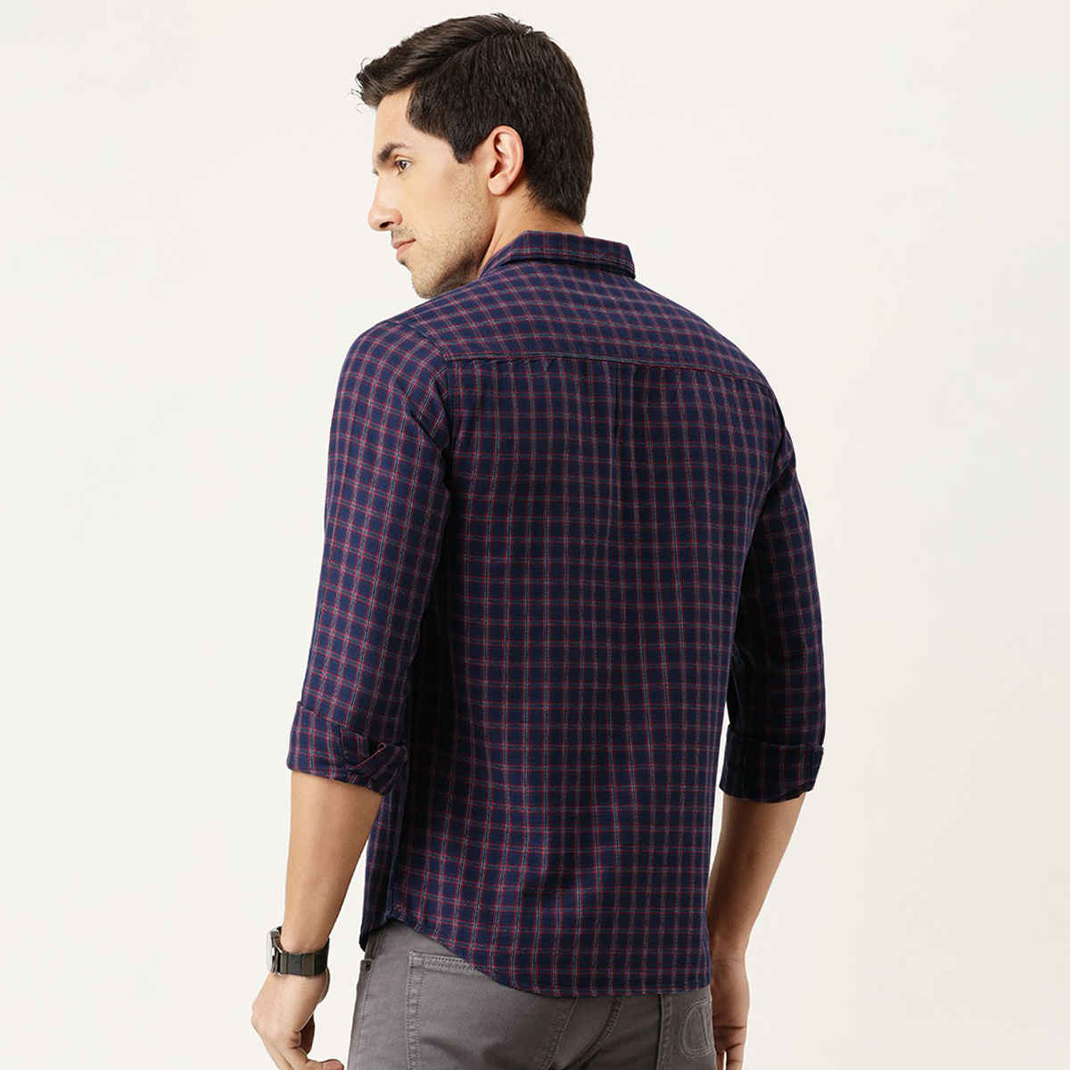 The Indian Garage Co Men's Slim Fit Checkered Casual Shirt | Navy Blue & Red - L
