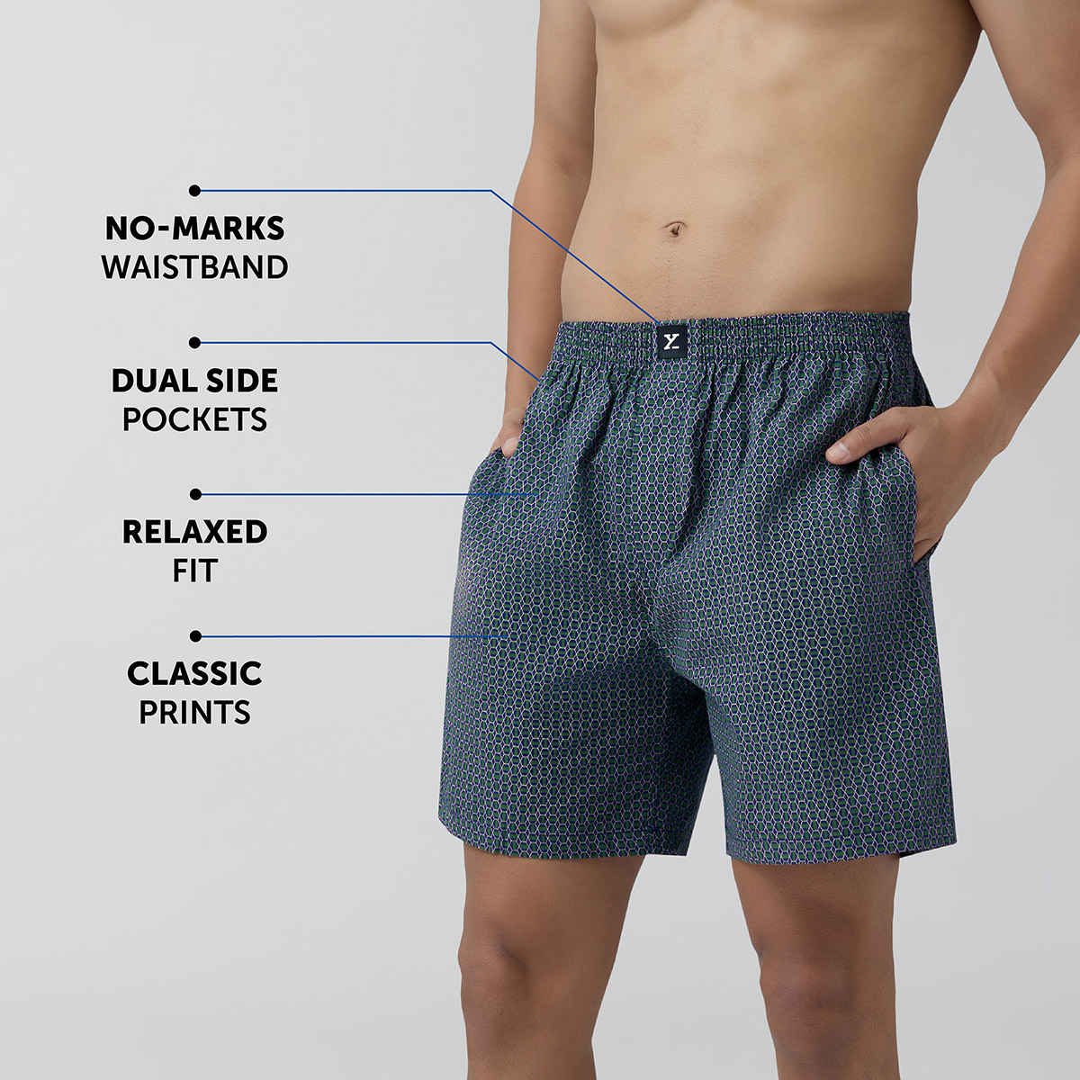 XYXX Men's Cotton Printed Boxer Shorts with Side Pockets, Green Hexagon| XL