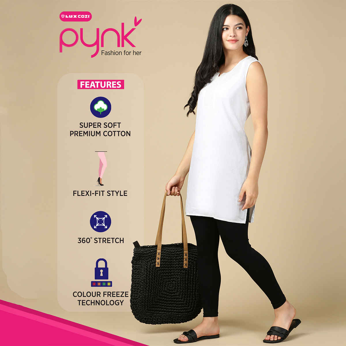 PYNK By Lux Cozi Flexi-Fit 360 Stretch Ankle Length Premium Cotton Leggings | Black|Free Size