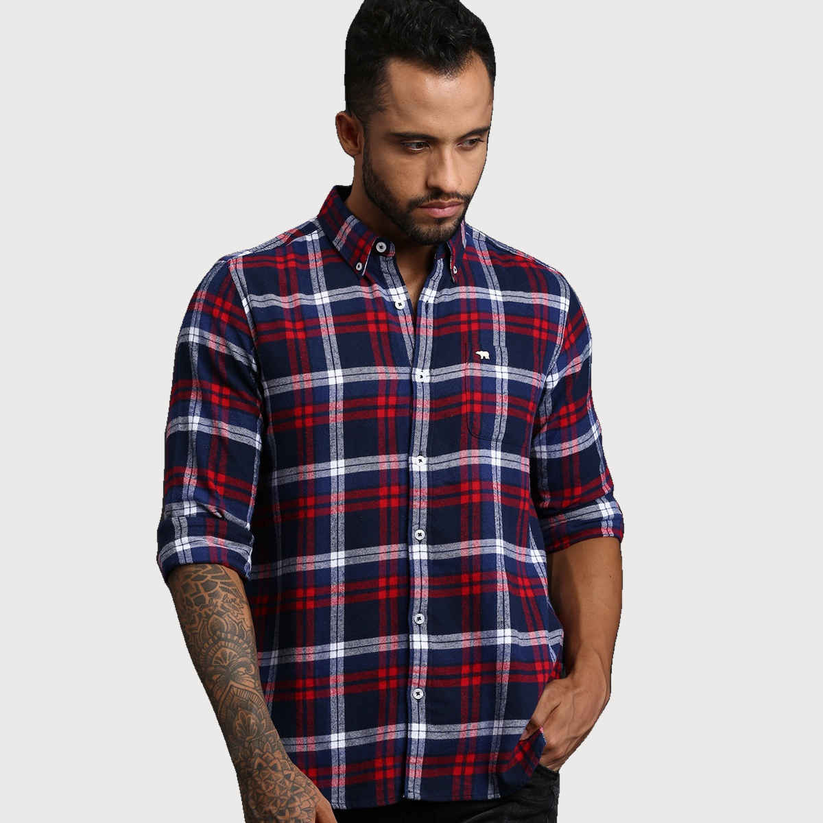 The Bear House Men Slim Fit Checked Shirt - Bud | Blue and Red | XL