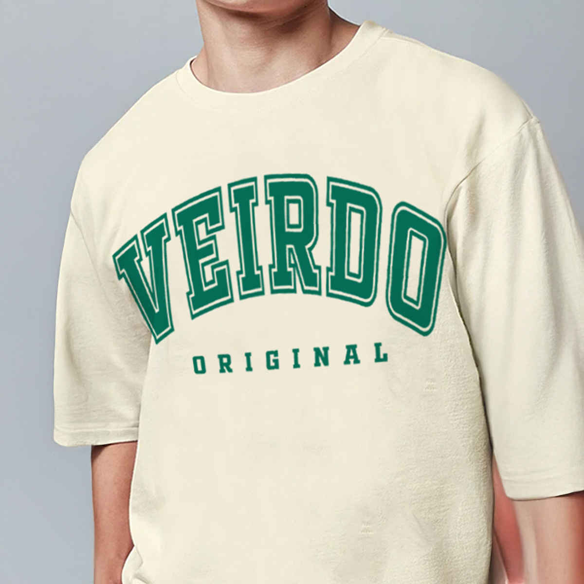 Veirdo Pure Cotton Oversized Fit Round Neck Swan White Printed T-Shirt For Men - M