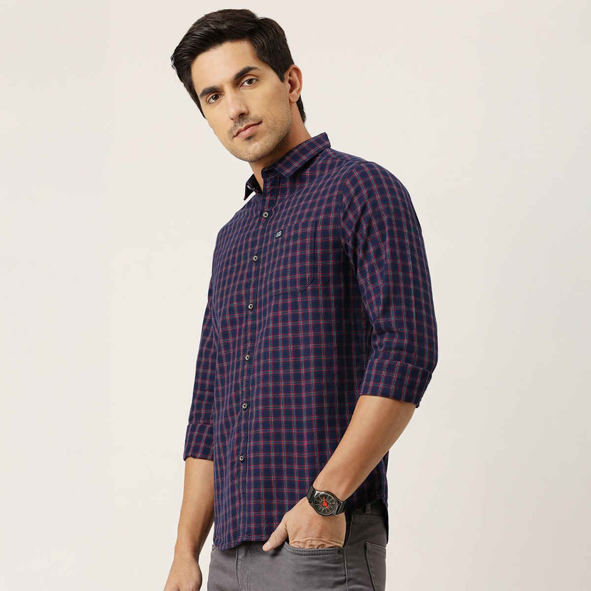 The Indian Garage Co Men's Slim Fit Checkered Casual Shirt | Navy Blue & Red - M