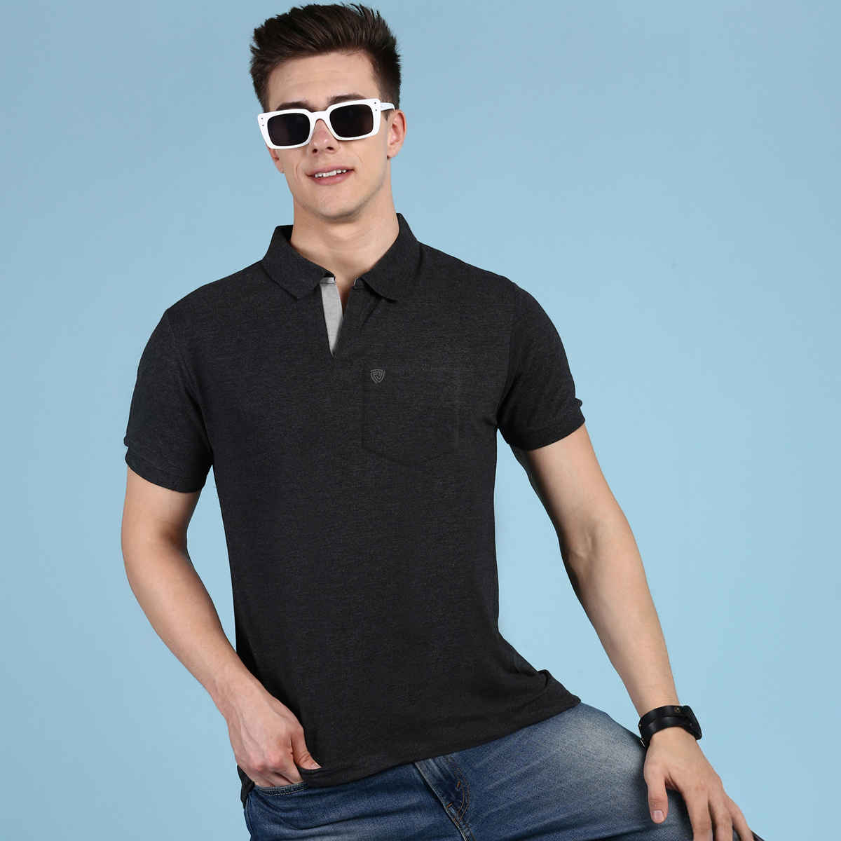 Lux Cozi Men's Solid Cotton Polo T-shirt with Pocket | Black Melange - XL