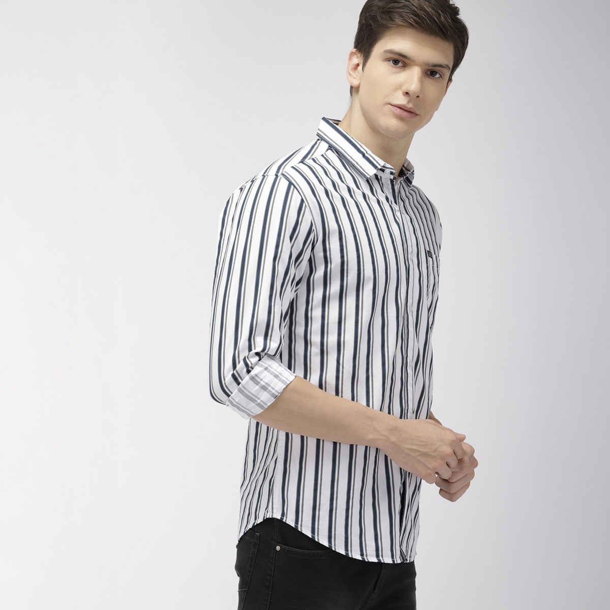 The Indian Garage Co Men's Slim Fit Multi Stripes Casual Shirt | White - L