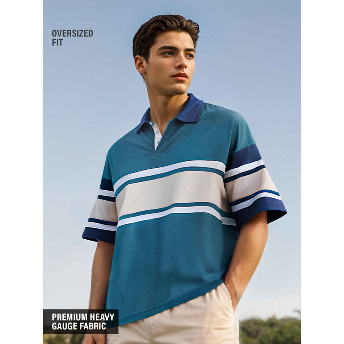 The Souled Store Men's Solids Colourblock Oversized Polo | Ocean Blue - M