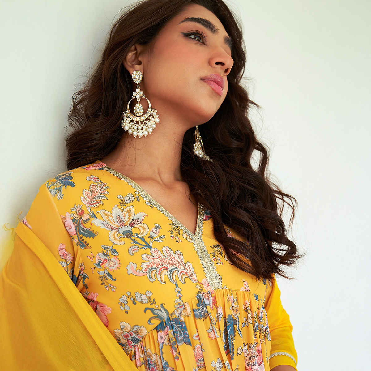 Janasya Women's Yellow Georgette Digital Floral Printed Kurta with Sharara and Dupatta | XL