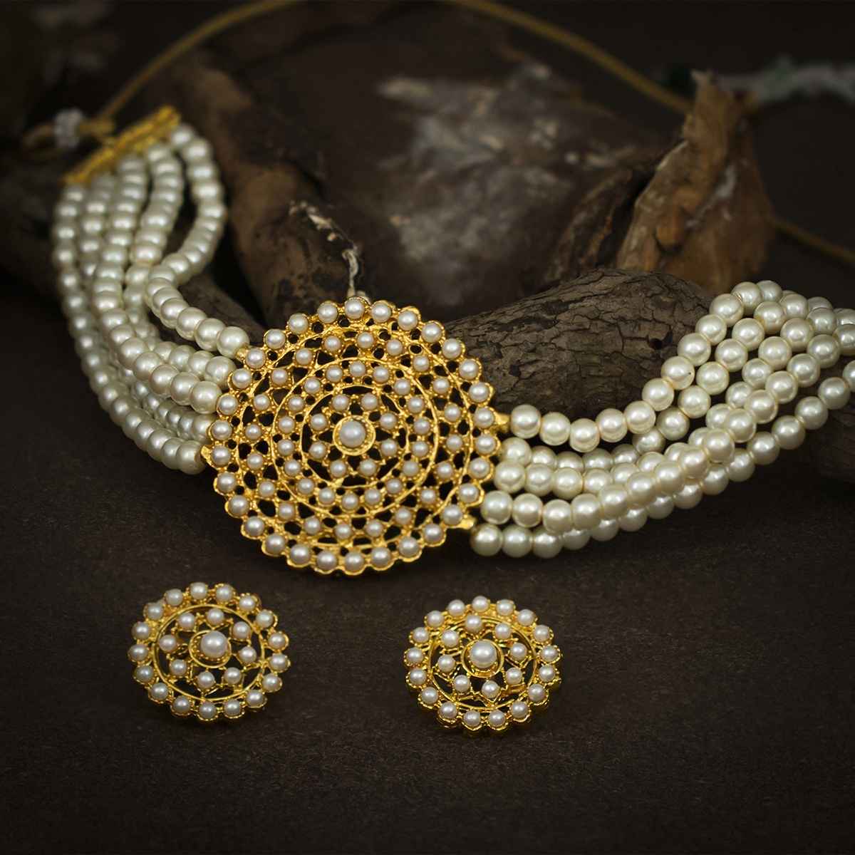 Sukkhi Lavish Gold Plated White Pearl Choker Necklace Set For Women