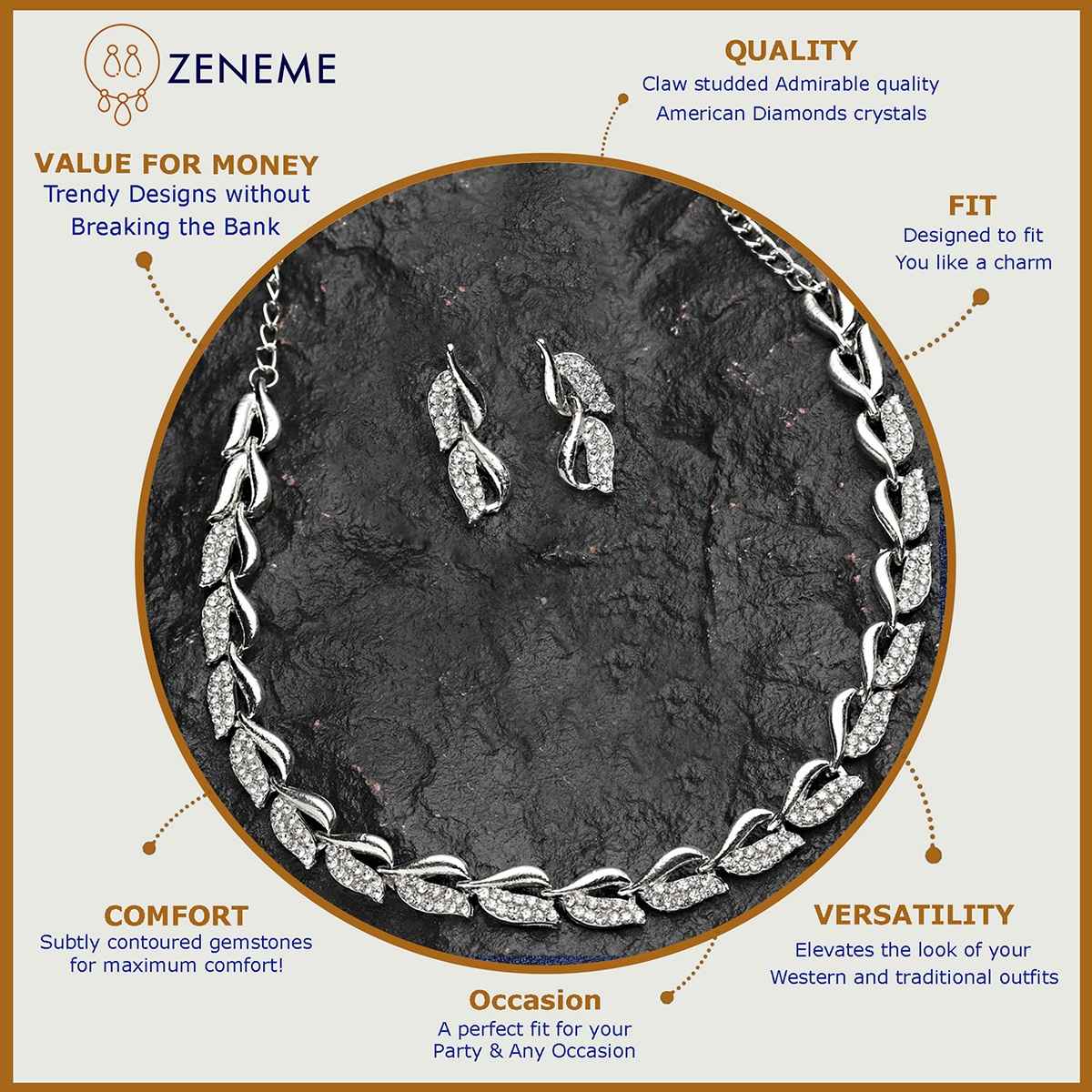 Zeneme Silver-Plated American Diamond Studded Jewellery Set For Women & Girls.