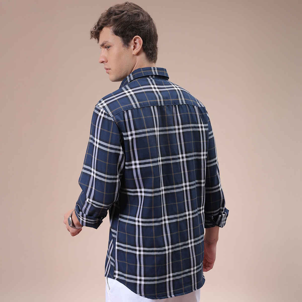 The Indian Garage Co Men's Slim Fit Checkered Casual Shirt | Navy Blue - S
