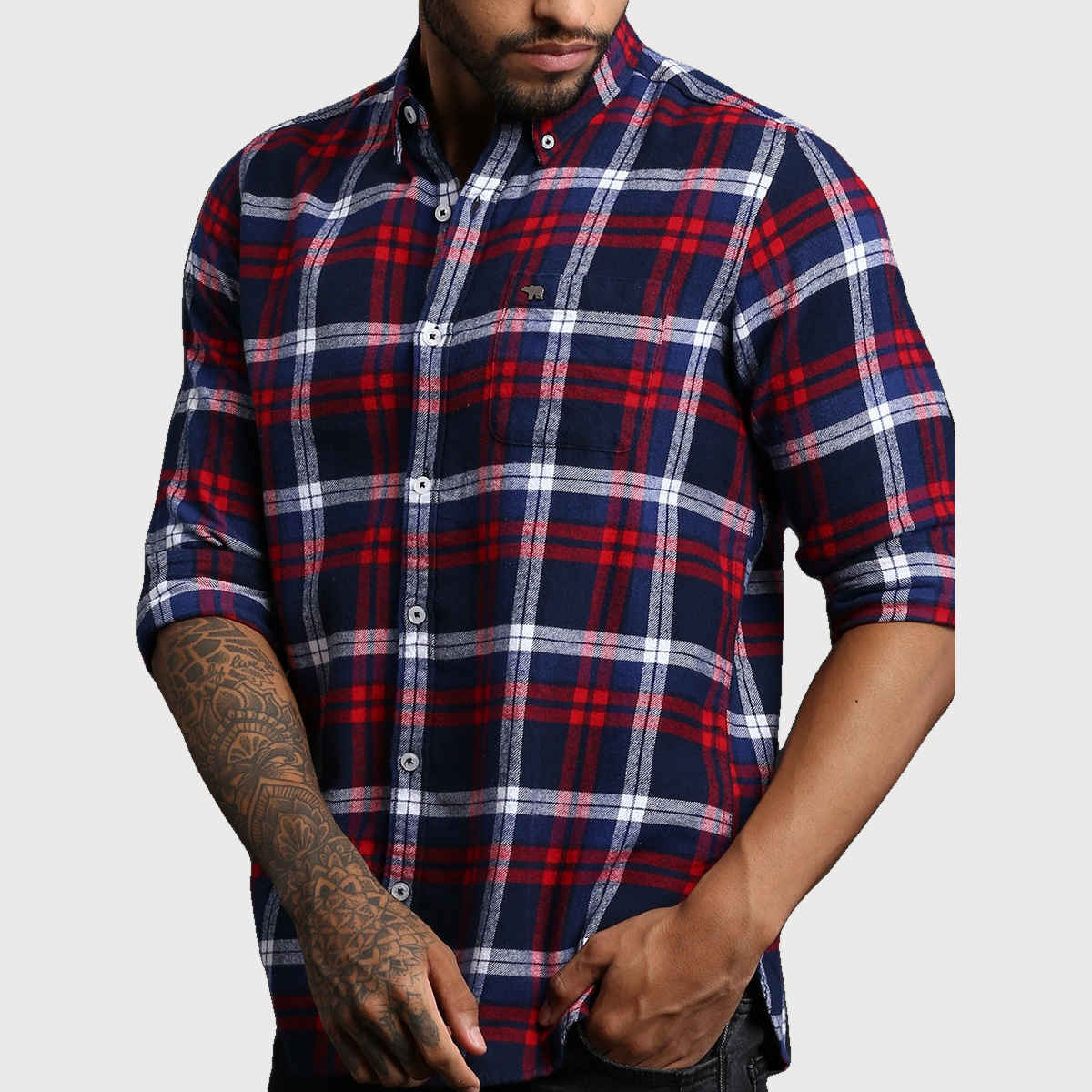 The Bear House Men Slim Fit Checked Shirt - Bud | Blue and Red | L