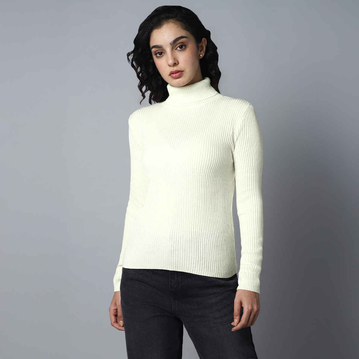 High Star Women's Ribbed Turtle Neck Long Sleeves Acrylic Pullover | White - S