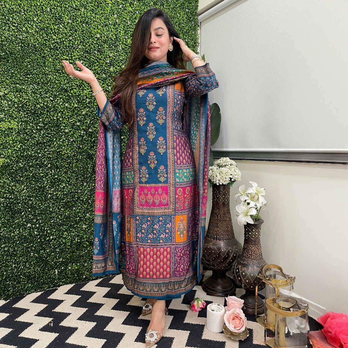 GoSriKi Women's Rayon Blend Straight Printed Kurta with Pant & Dupatta | SULA | Multi - S