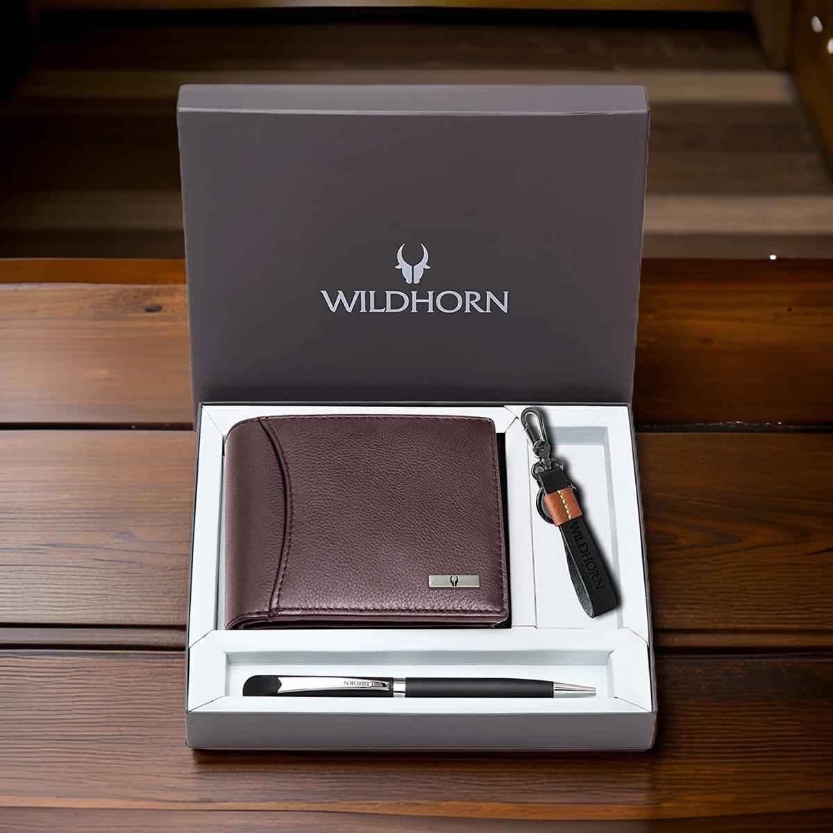 Wildhorn Men's Solid Genuine Leather Gift Set | Brown - One Size