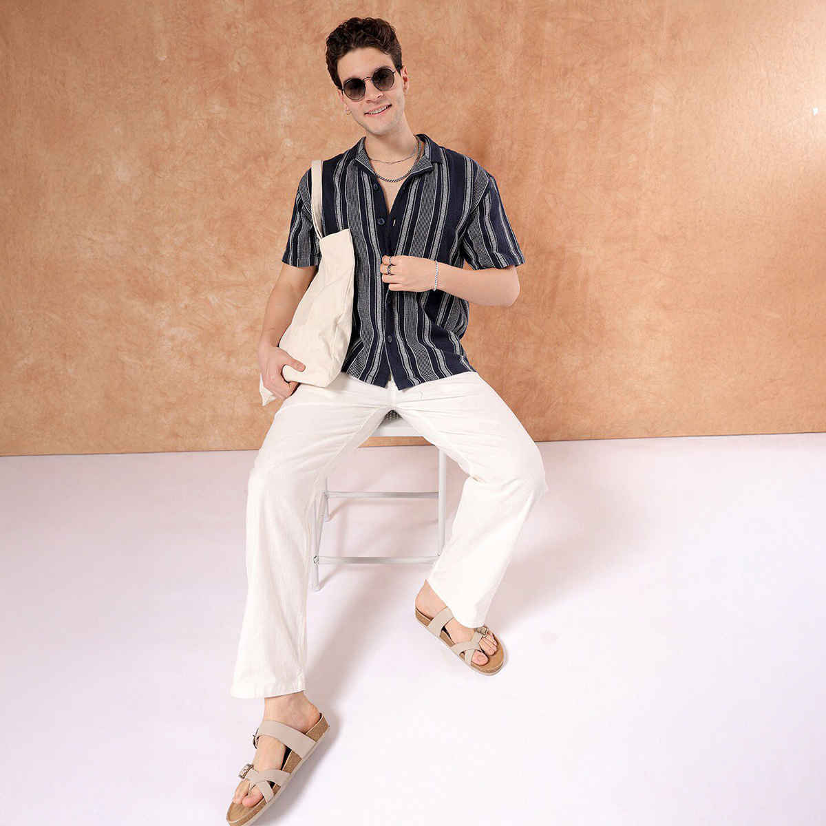 The Indian Garage Co Men's Relaxed Fit Striped Resort Half Sleeve Shirt | Indigo - S