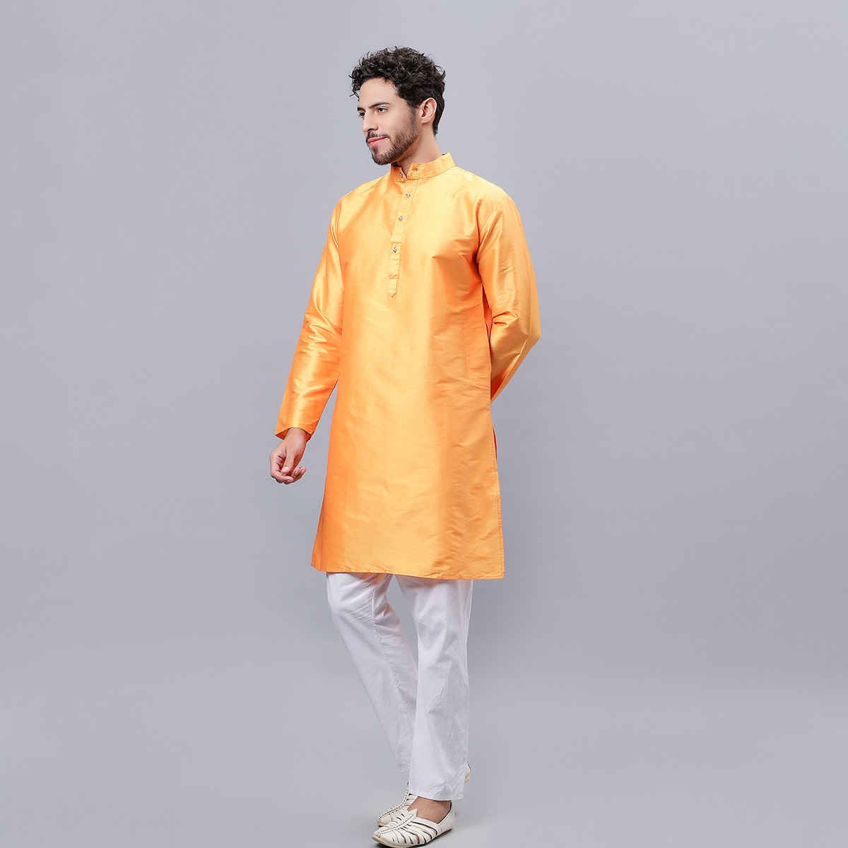 Mad Over Print Yellow Blended Silk Kurta Men - M