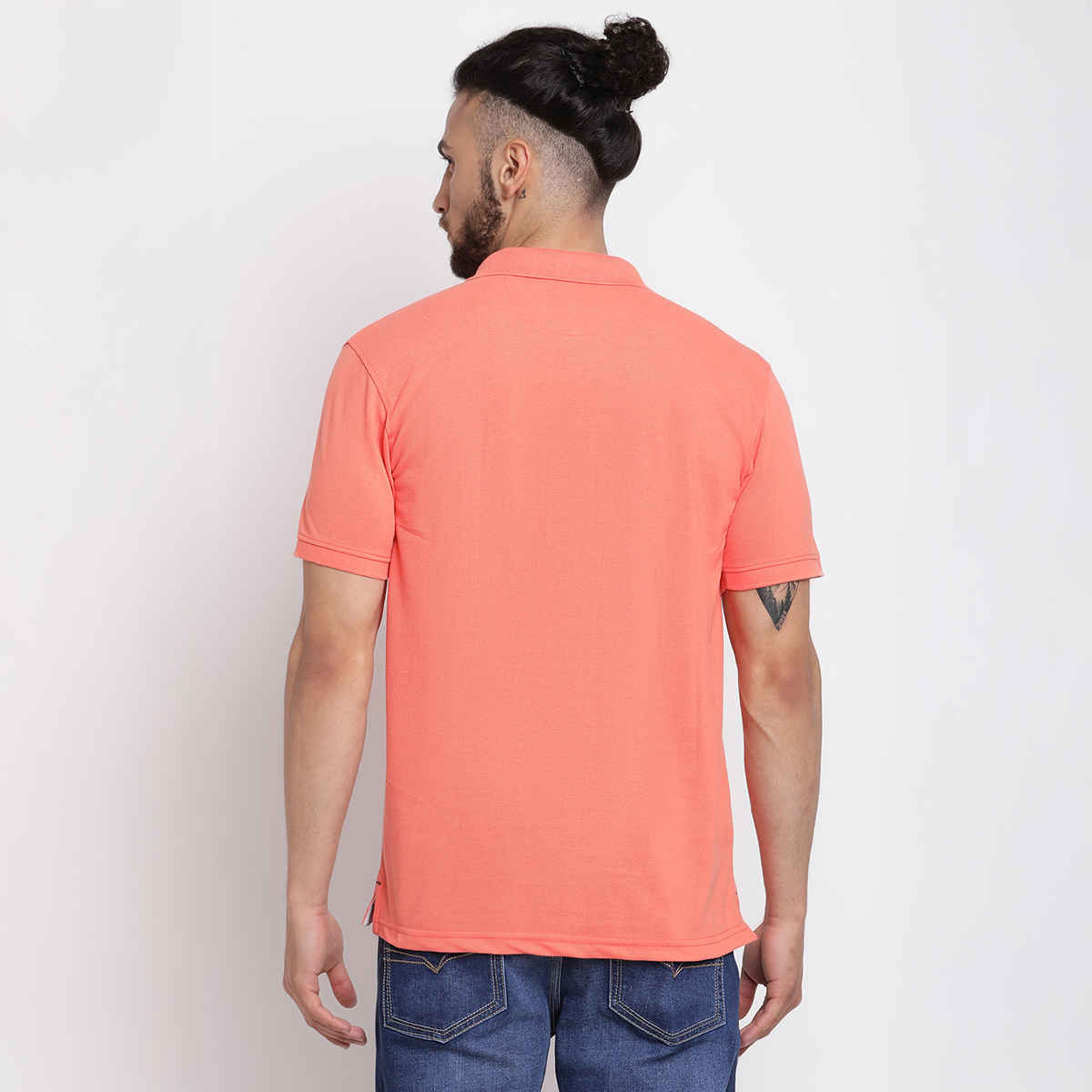 Cantabil Men's Regular Fit Polo Collar Pure Cotton T-shirt | Coral - M