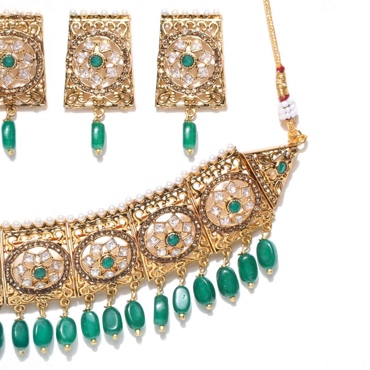 Priyaasi Gold-Plated Choker Set With Stones And Beads In Green Color