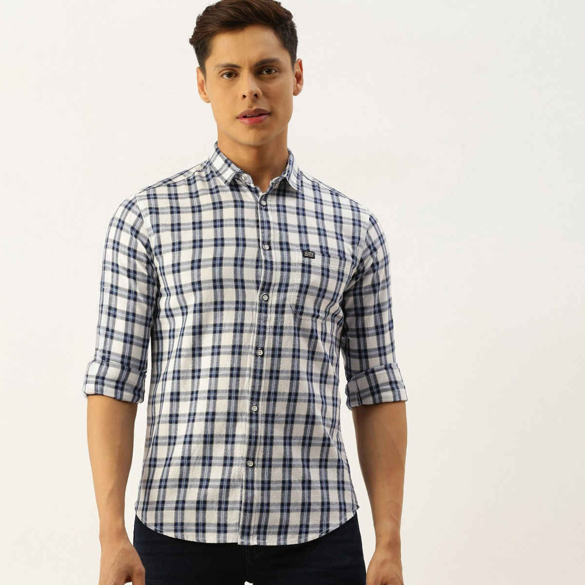 The Indian Garage Co Men's Slim Fit Checkered Casual Shirt | White - S