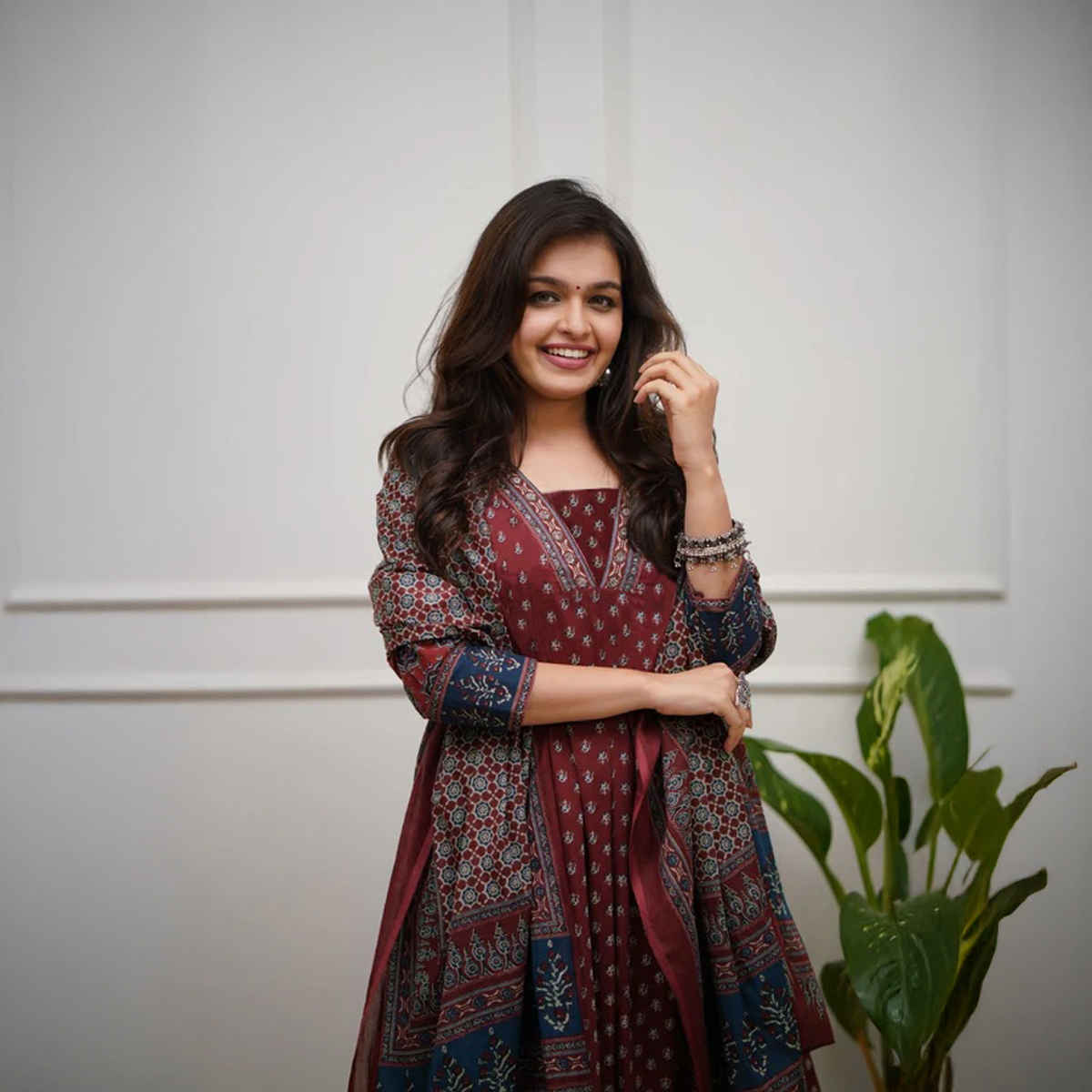 GoSriKi Women's Viscose Rayon Anarkali Printed Kurta with Pant & Dupatta | NAKULA | Wine - XL