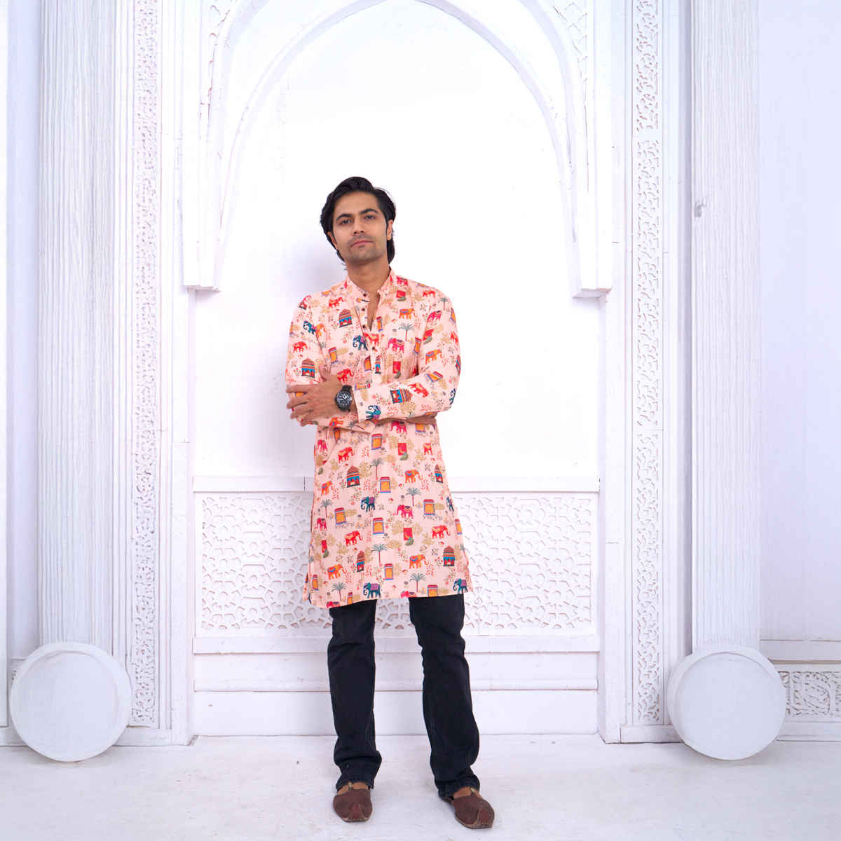 House Of Festivals Men's Printed Cotton Blend Ethnic Design Long Kurta | Multicolor - M