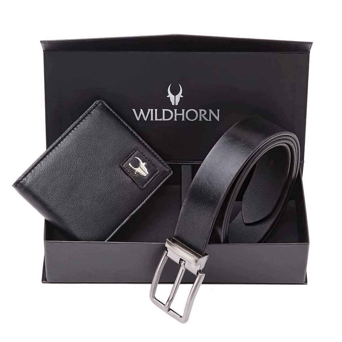 Wildhorn Men's Solid Genuine Leather Wallet and Belt Combo | Black - Free Size