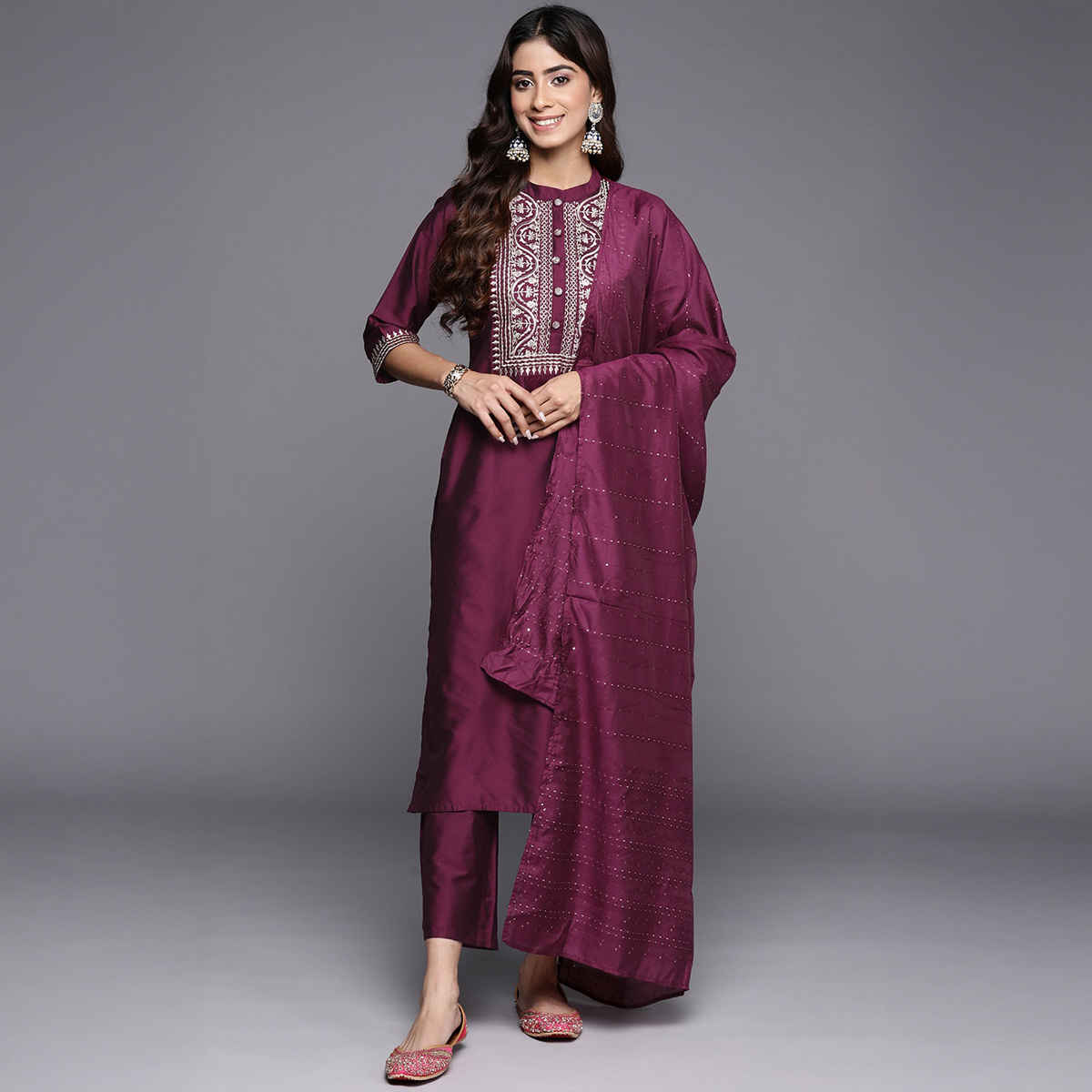 Gerua by Libas Yoke Design Silk Blend Straight Suit With Dupatta | GS805 | Burgundy - S