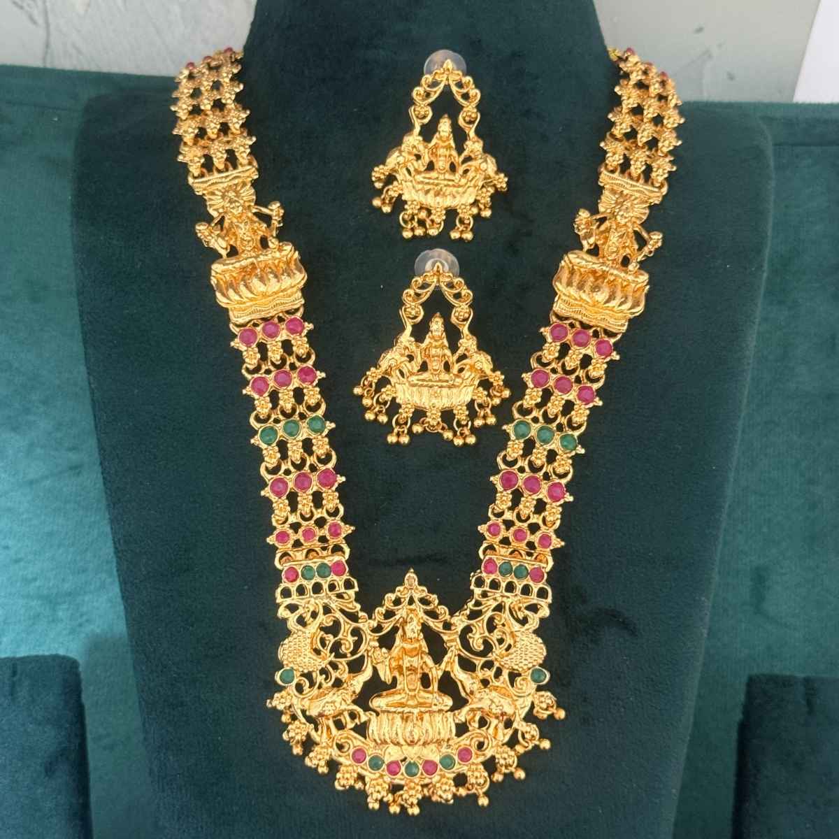 The Opal Factory Premium Temple Jewelry Long Haram Necklace Set | Laxmi | Gold Multi - Necklace