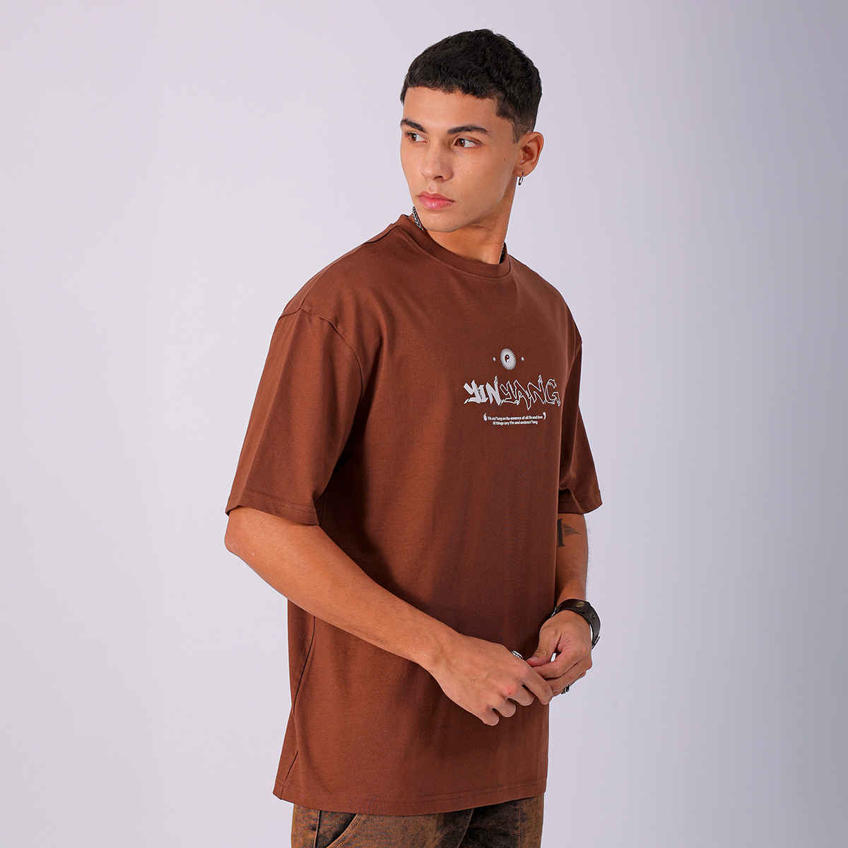 The Indian Garage Co Men's Placement Print Casual T-Shirt | Brown - S