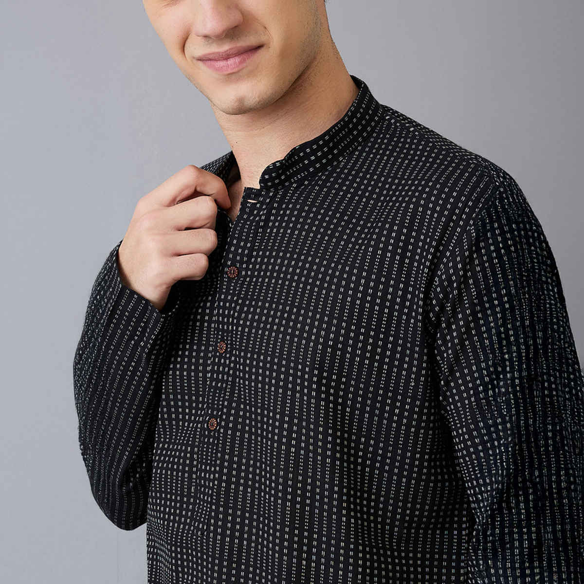 Ethnix by Raymond Men's Fit Pure Cotton Full Sleeve Folded Collar Short Kurta | Black - M