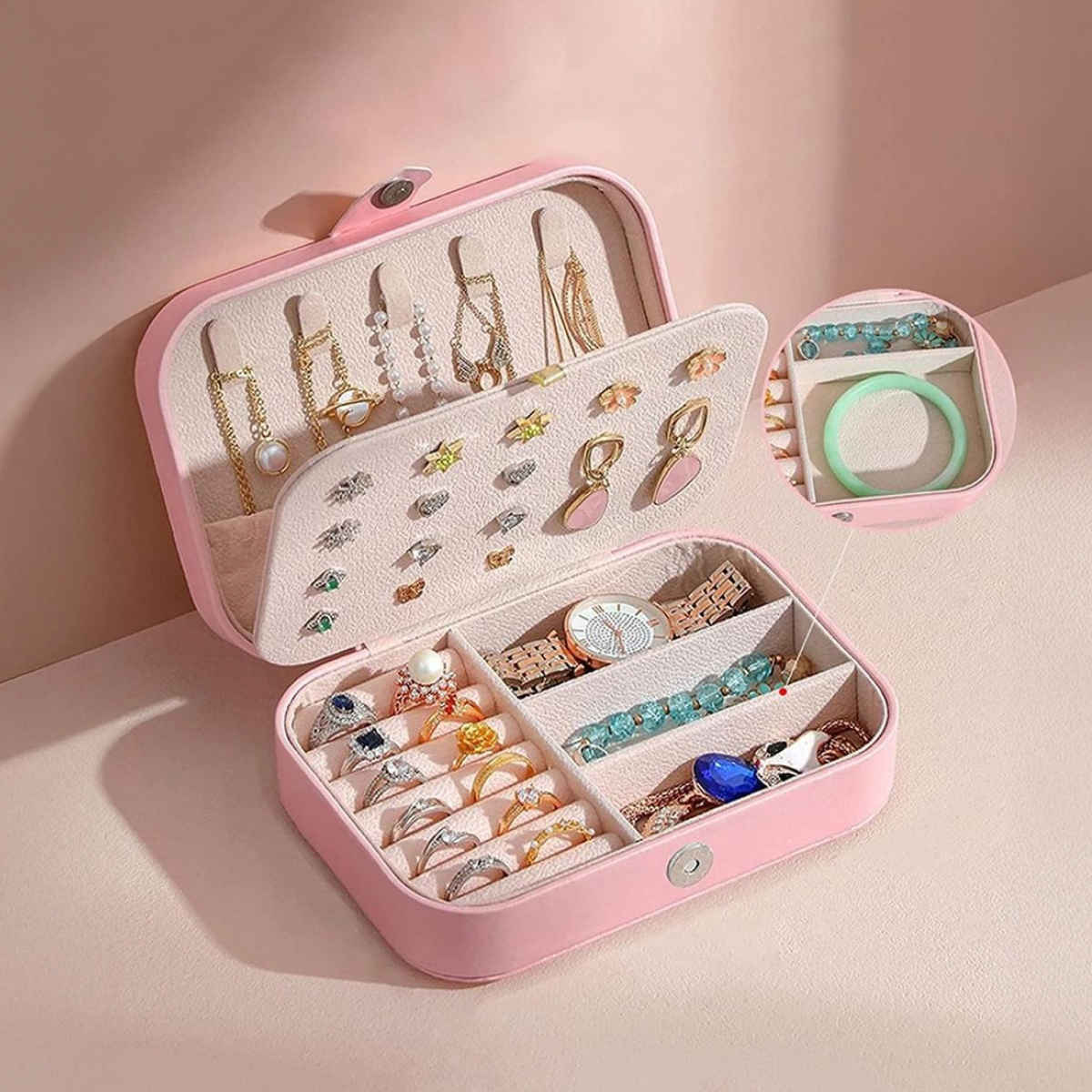 YouBella Jewellery Organiser PU Leather Zipper Portable Storage Box Case (Style 2) - Pink