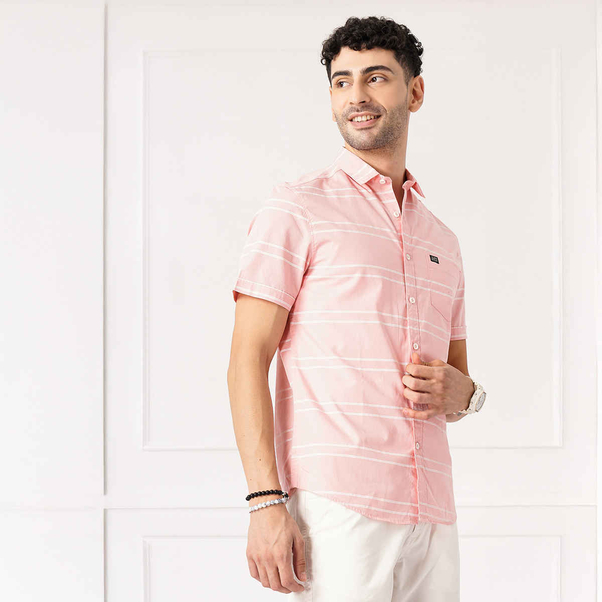The Indian Garage Co Men's Slim Fit Striped Casual Shirt | Pink - M