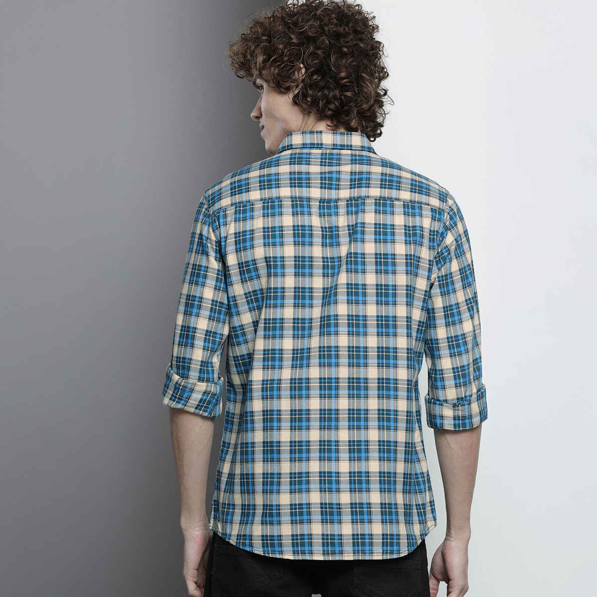 The Indian Garage Co Men's Slim Fit Checkered Casual Shirt | Blue - M